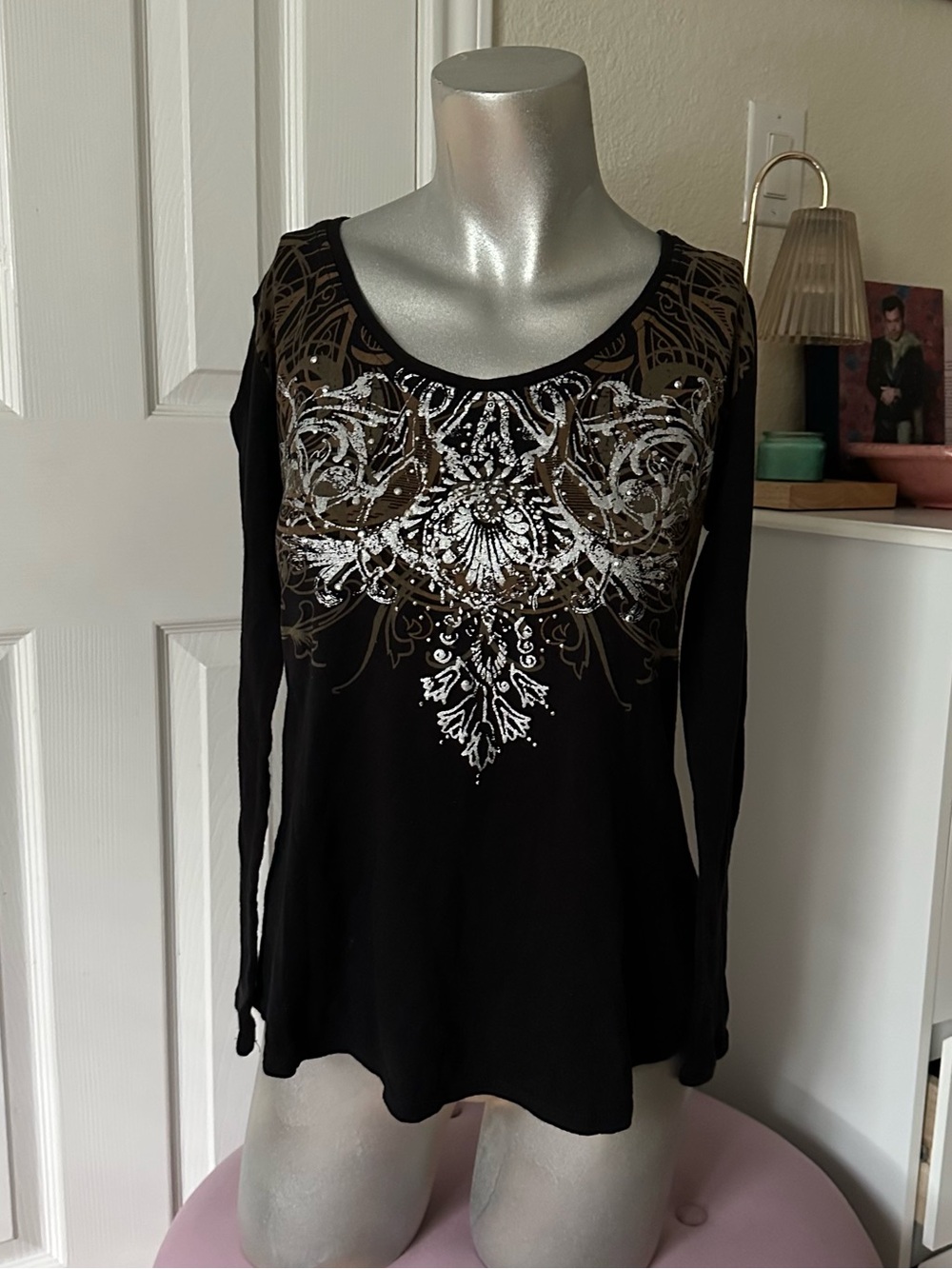 RXB Y2K Black Brown & Metallic Silver Grunge Long-Sleeve Graphic Tee